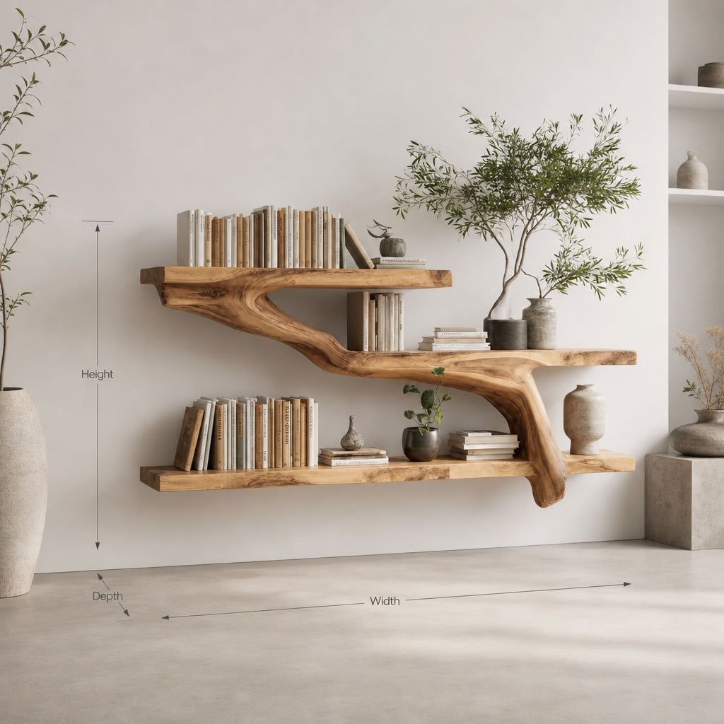 Live Edge Tree Branch Wall Shelf – Handmade Solid Wood Floating Shelf Decor