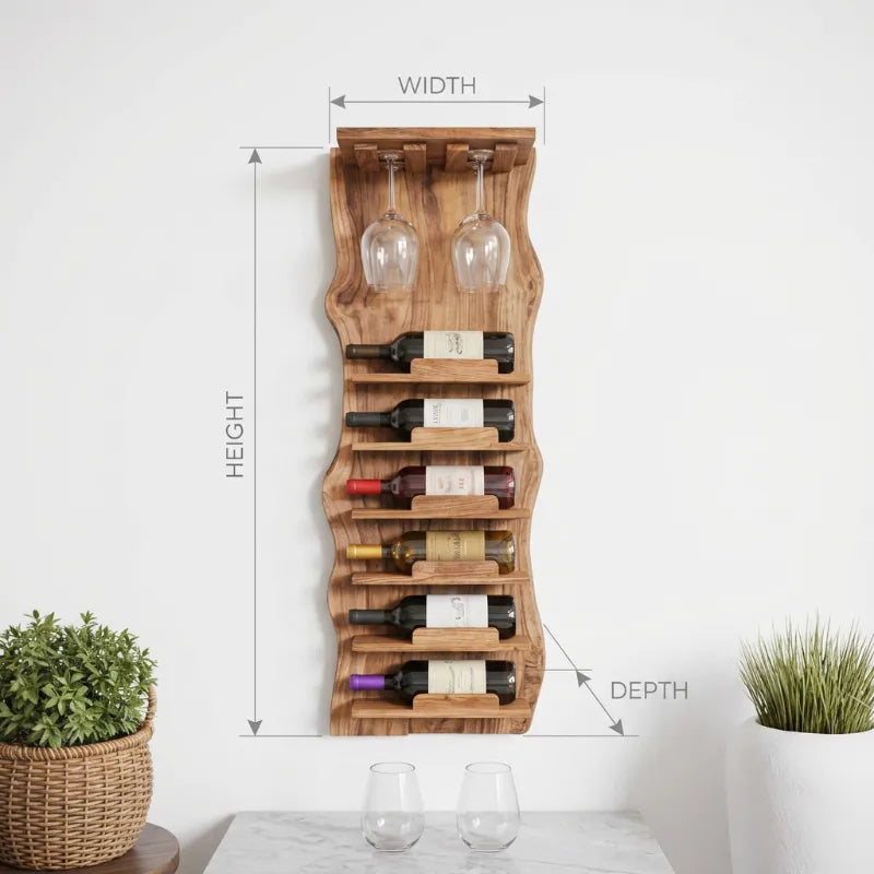 Live Edge Wall Mounted Wine Rack with Glass Holder & Vertical Bottle Storage