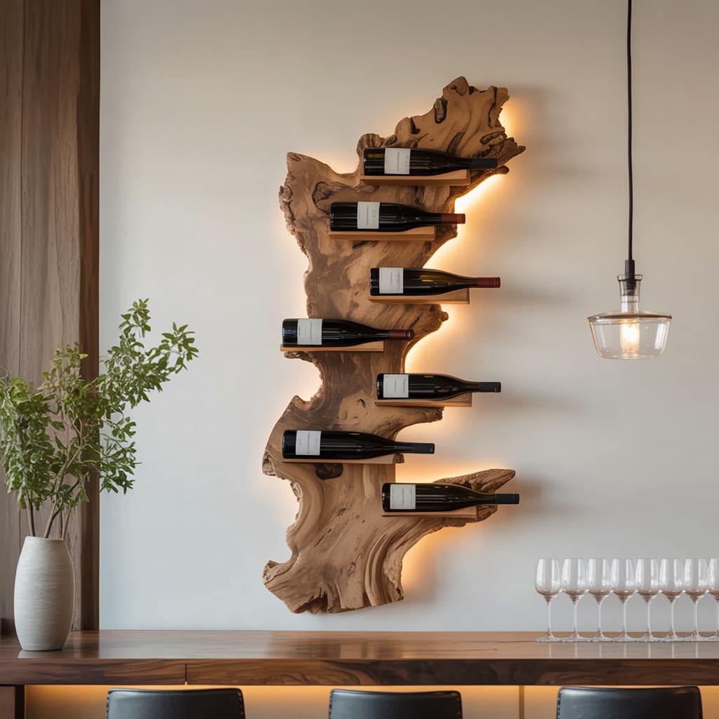 Rustic floating wine display shelf crafted from natural wood