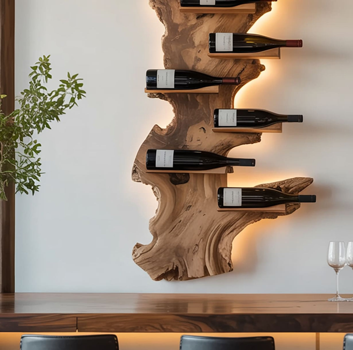 Handmade wooden wine wall shelf with natural edge