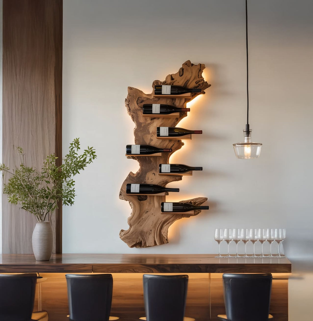 Modern live edge wine shelf displaying bottles and glasses in a luxury entertaining space