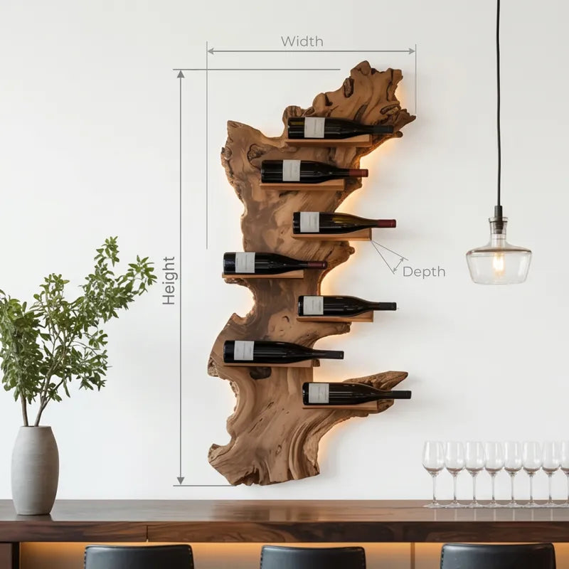 Live Edge Wine Wall Rack - Handcrafted Solid Wood Wine Holder with LED Backlight | Rustic Floating Wine Display Shelf