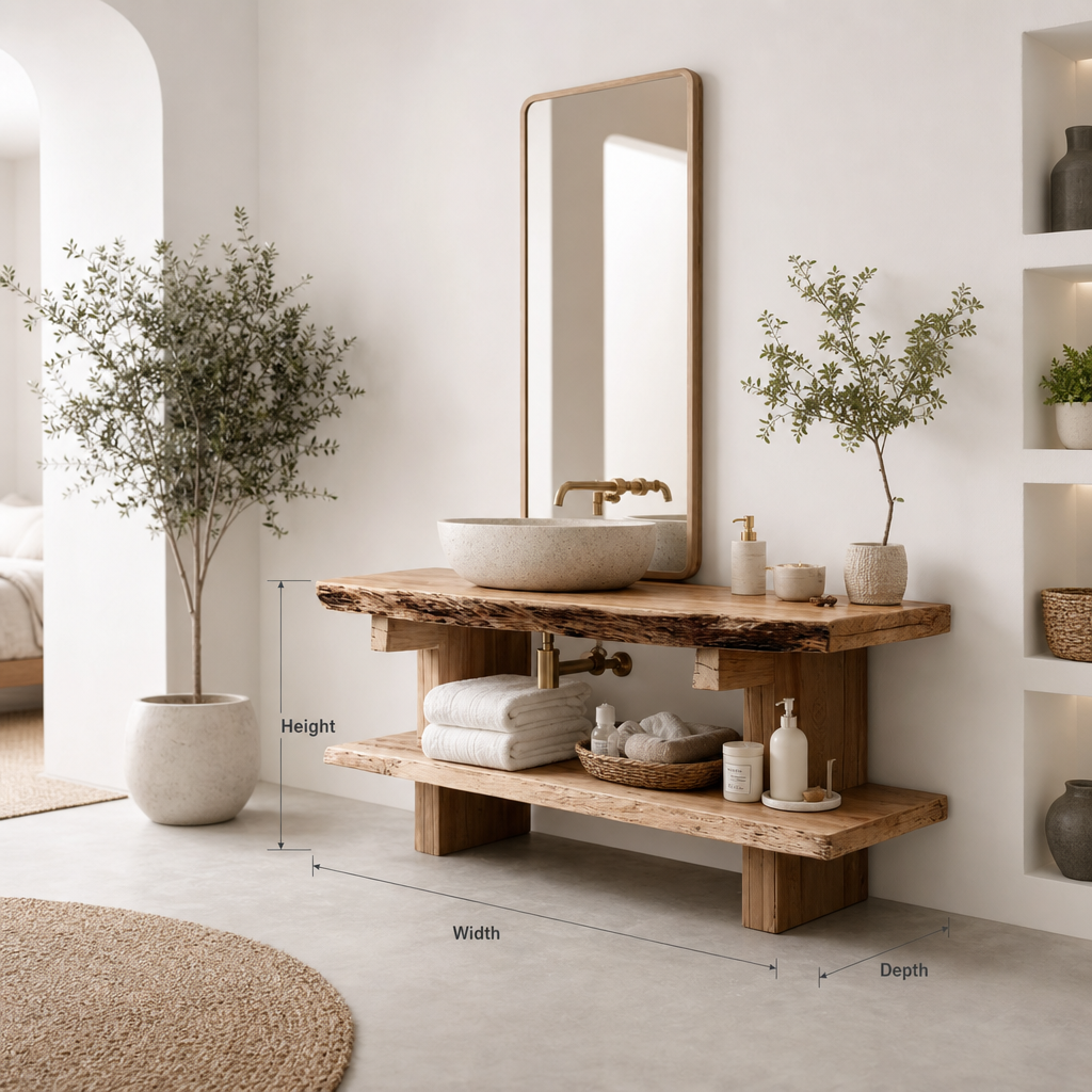 Live Edge Wood Bathroom Vanity – Handmade Rustic Solid Wood Sink Console with Shelf