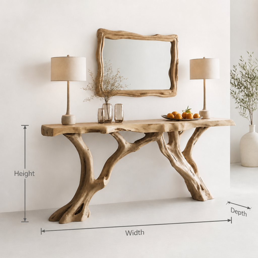 Live Edge Wood Console Table with Sculptural Tree Base – Rustic Farmhouse Entryway Table