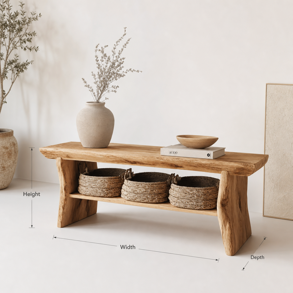 Live edge wooden entryway bench solid wood hallway bench with storage shelf