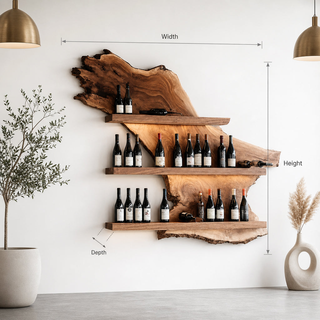 Live Edge Wooden Wine Rack Shelf – Handmade Solid Wood Wall Mounted Display