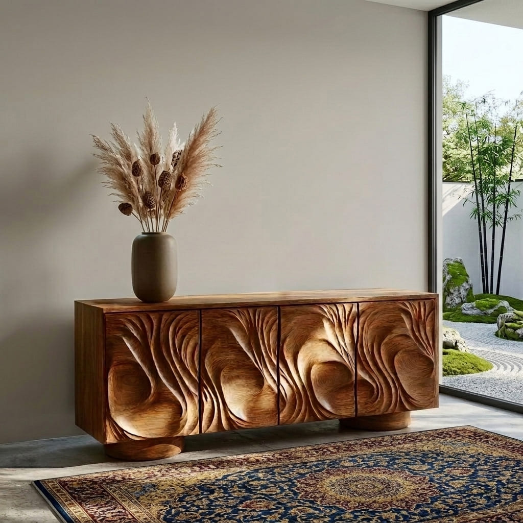 Luxury credenza crafted from premium solid wood with sculpted storage doors