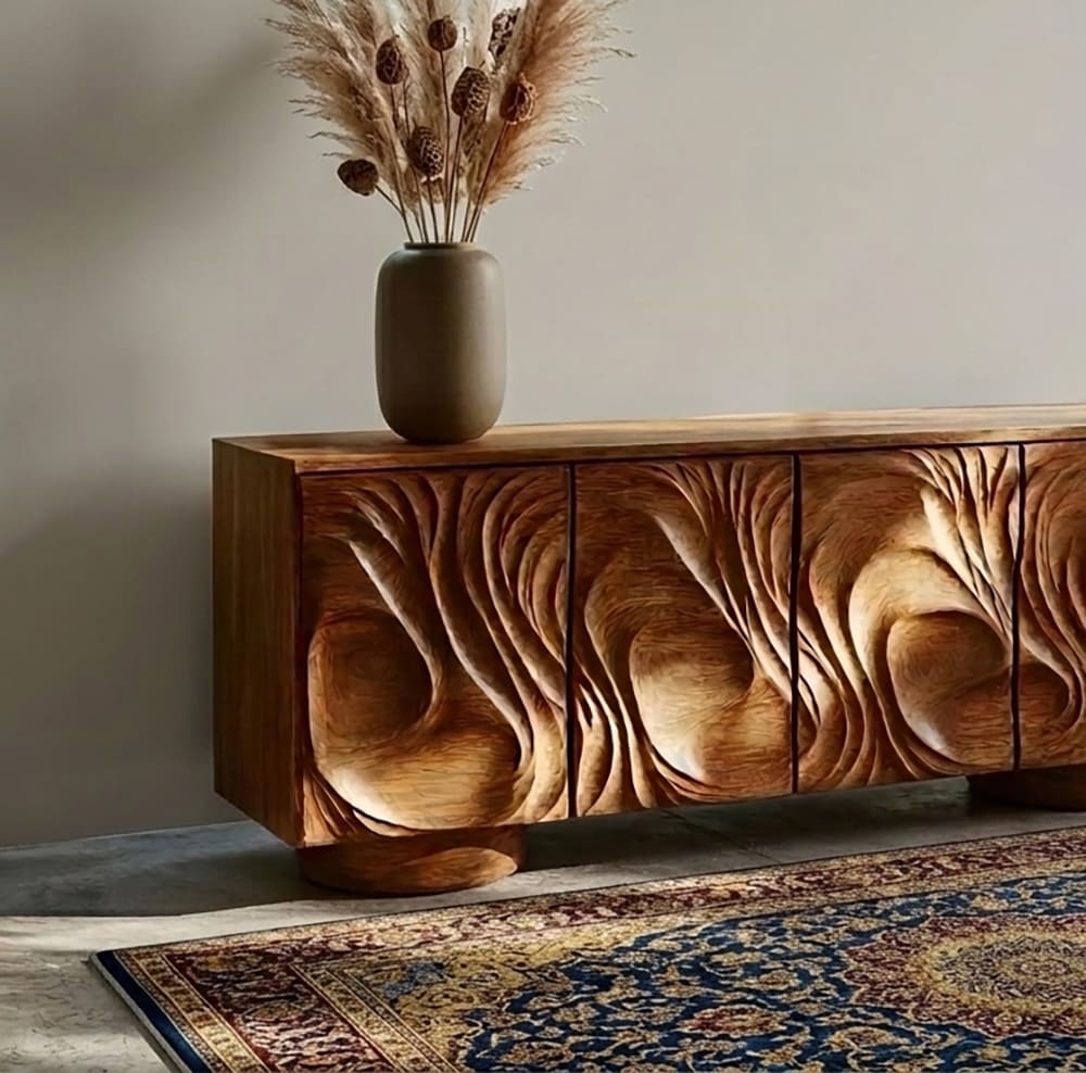 Solid wood credenza featuring hand-sculpted door panels and spacious interior storage