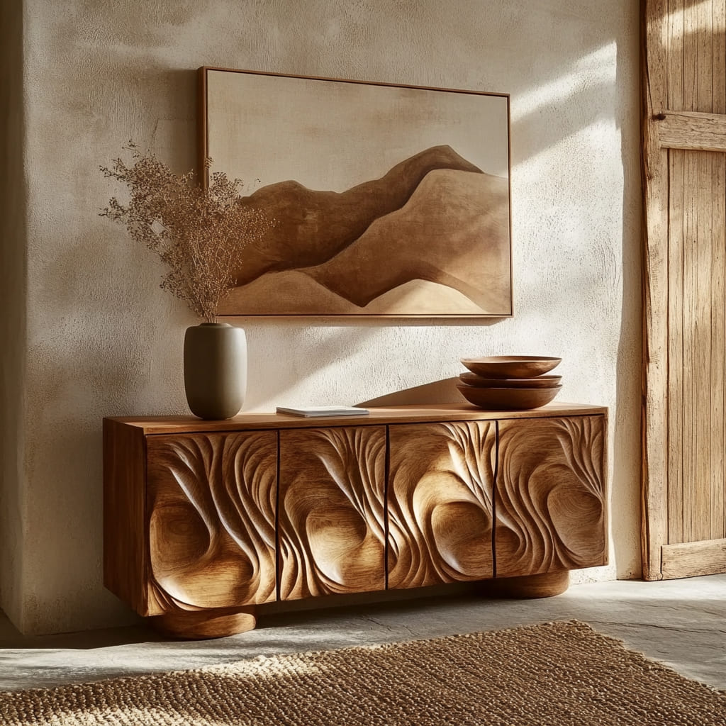 Organic modern solid wood sideboard displayed in an elegant living space