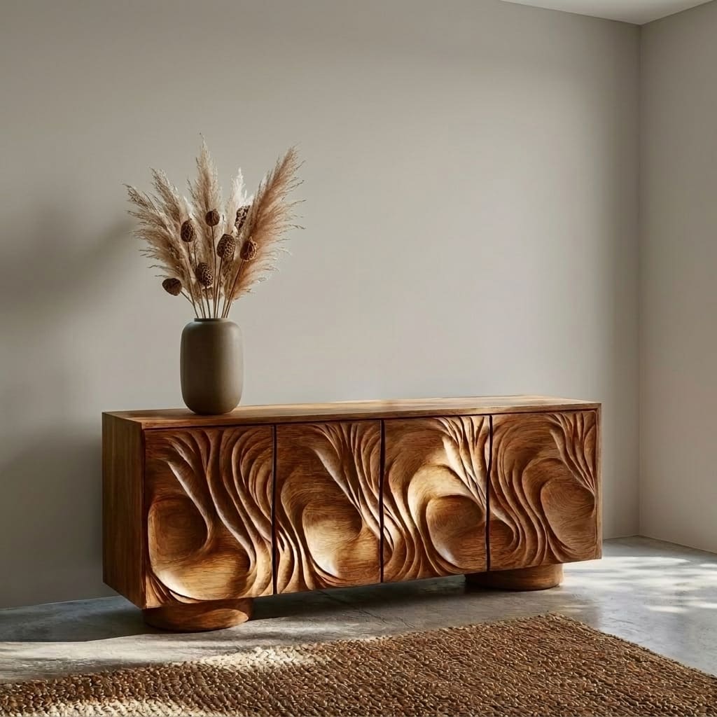 Sculptural storage credenza styled as a statement piece in a contemporary living room