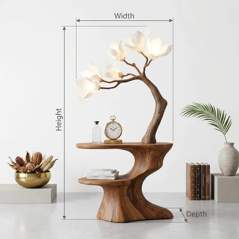Magnolia Flower Branch End Table - Hand-Carved Solid Wood Sculptural Accent Table