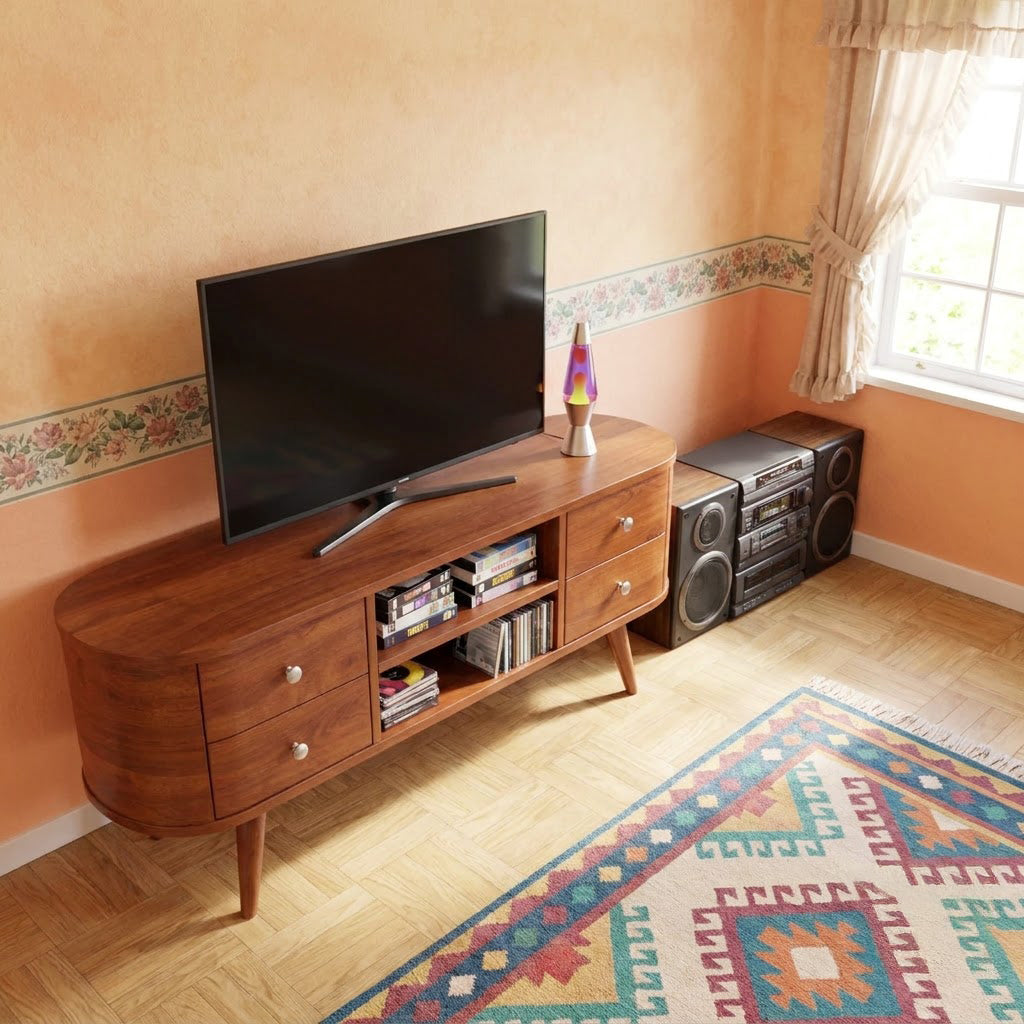 Mid-century solid wood curved TV stand in a contemporary living room