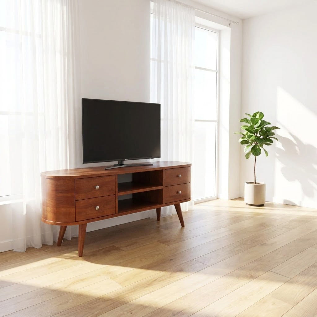 Handcrafted solid wood oval media console styled in a modern entertainment space