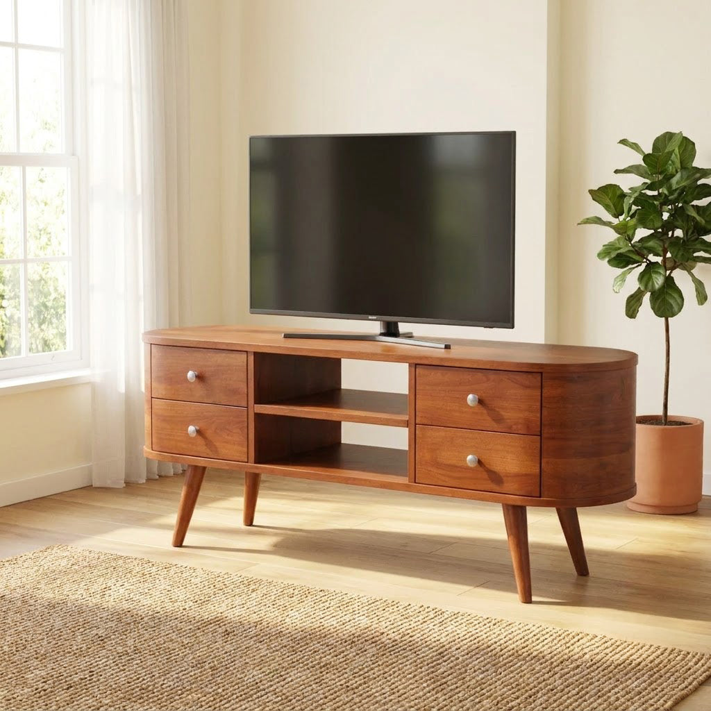 Mid-century solid wood entertainment console enhancing a contemporary home interior
