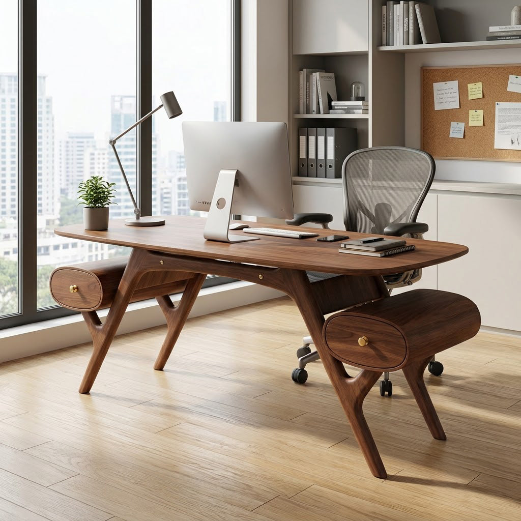 Sculpted executive desk with capsule drawers in solid wood