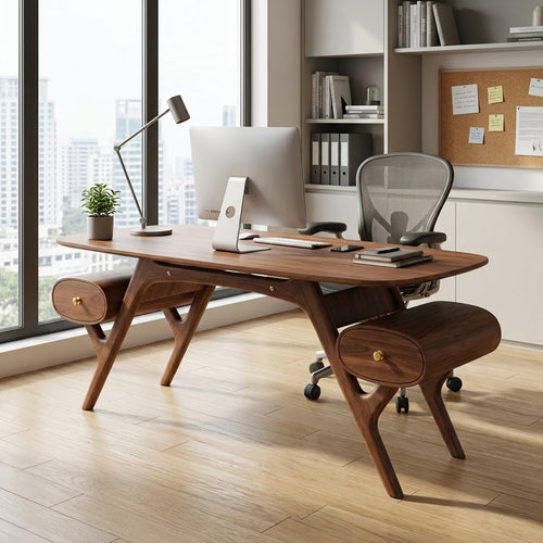 Mid-Century Handcrafted Solid Wood Executive Desk with Sculpted Trestle Base & Outboard Capsule Drawers