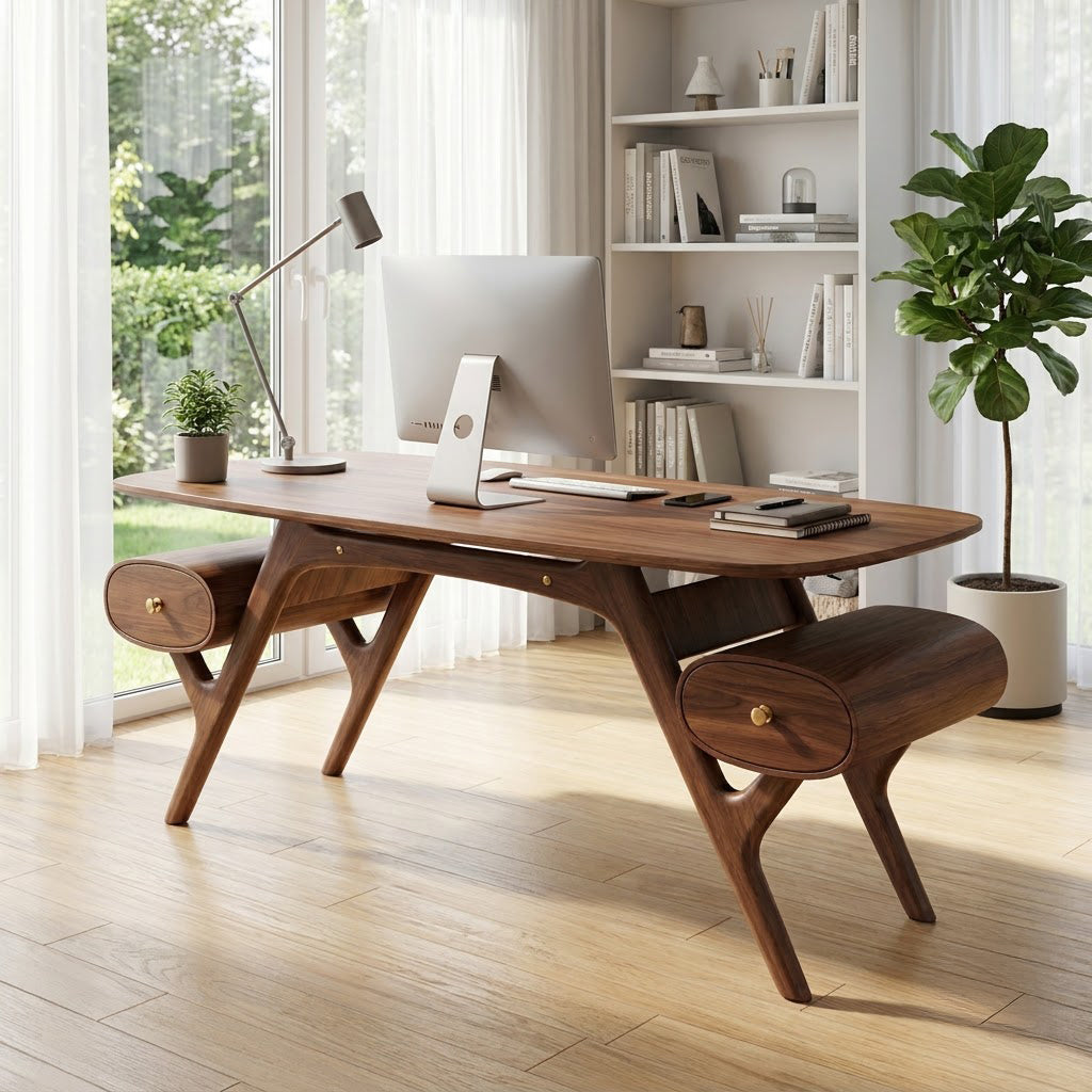 Mid-century solid wood executive desk with sculpted trestle base in a modern home office