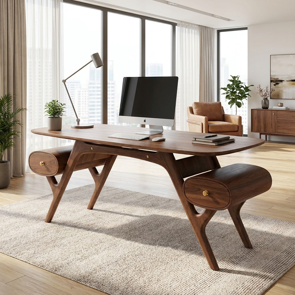 Handcrafted solid wood executive desk with outboard capsule drawers in a contemporary workspace