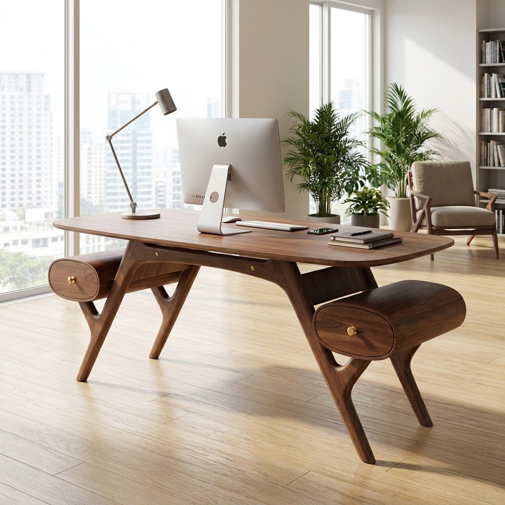 Sculptural solid wood trestle desk styled in an elegant executive office