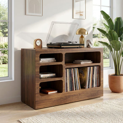 Mid-Century Handcrafted Solid Wood Vinyl Record Player Stand & Multi-Cubby Media Console