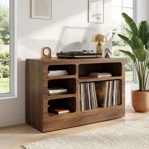 Mid-Century Handcrafted Solid Wood Vinyl Record Player Stand & Multi-Cubby Media Console