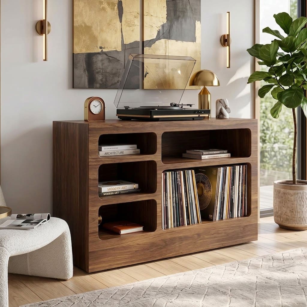 Mid-century solid wood record player stand in a contemporary living room