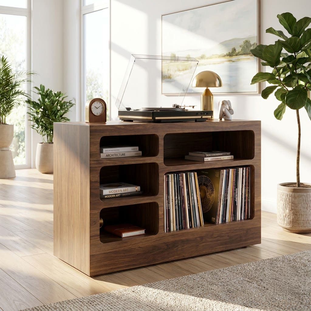 Handcrafted solid wood vinyl media console styled in a modern listening room