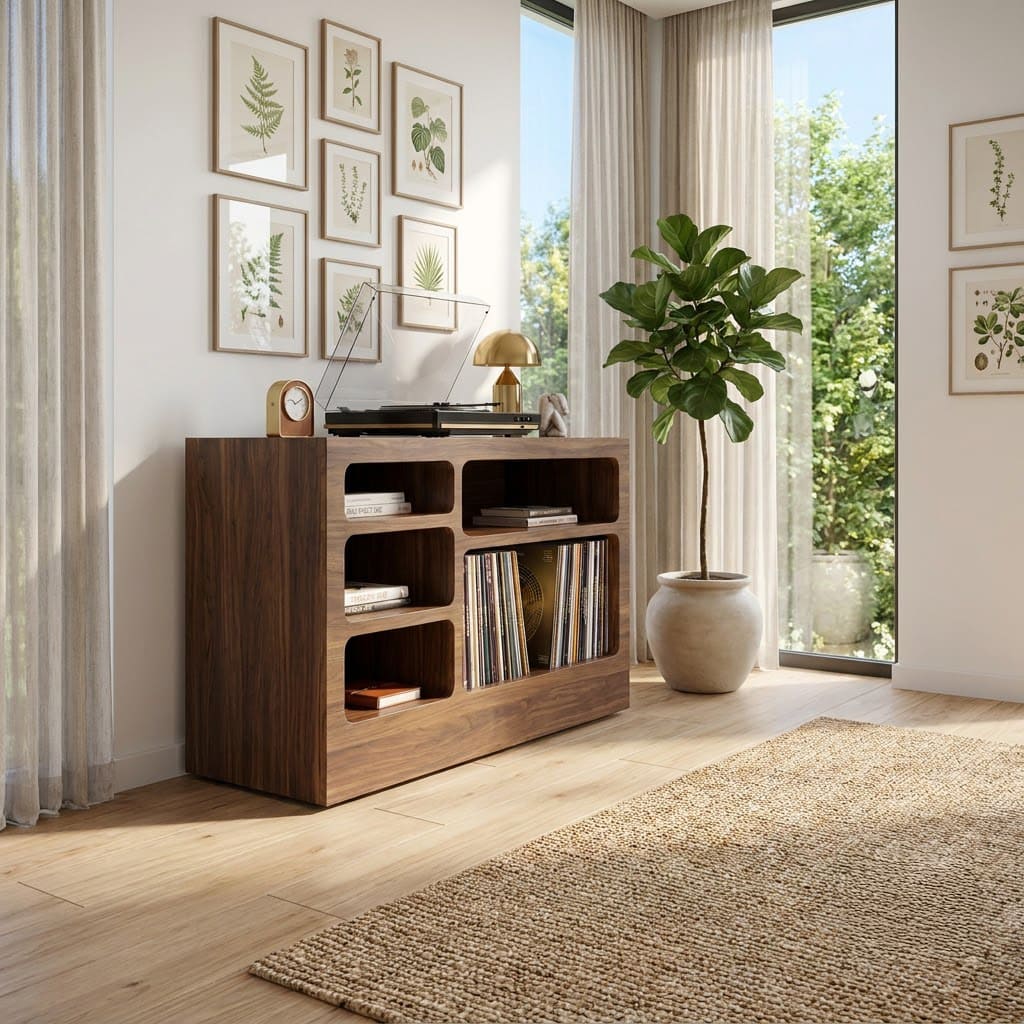 Multi-cubby solid wood record player cabinet displayed in a cozy music corner