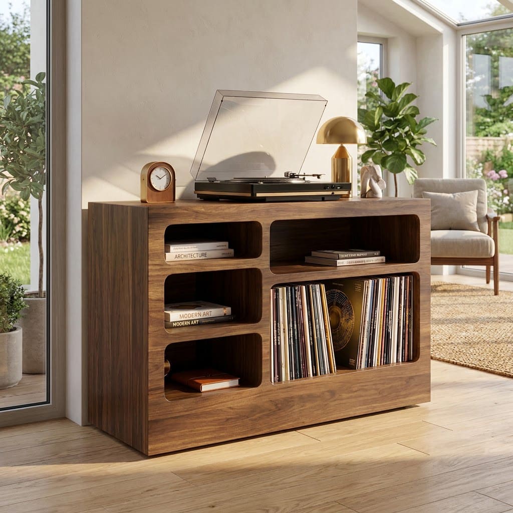 Mid-century solid wood media console enhancing a minimalist entertainment space