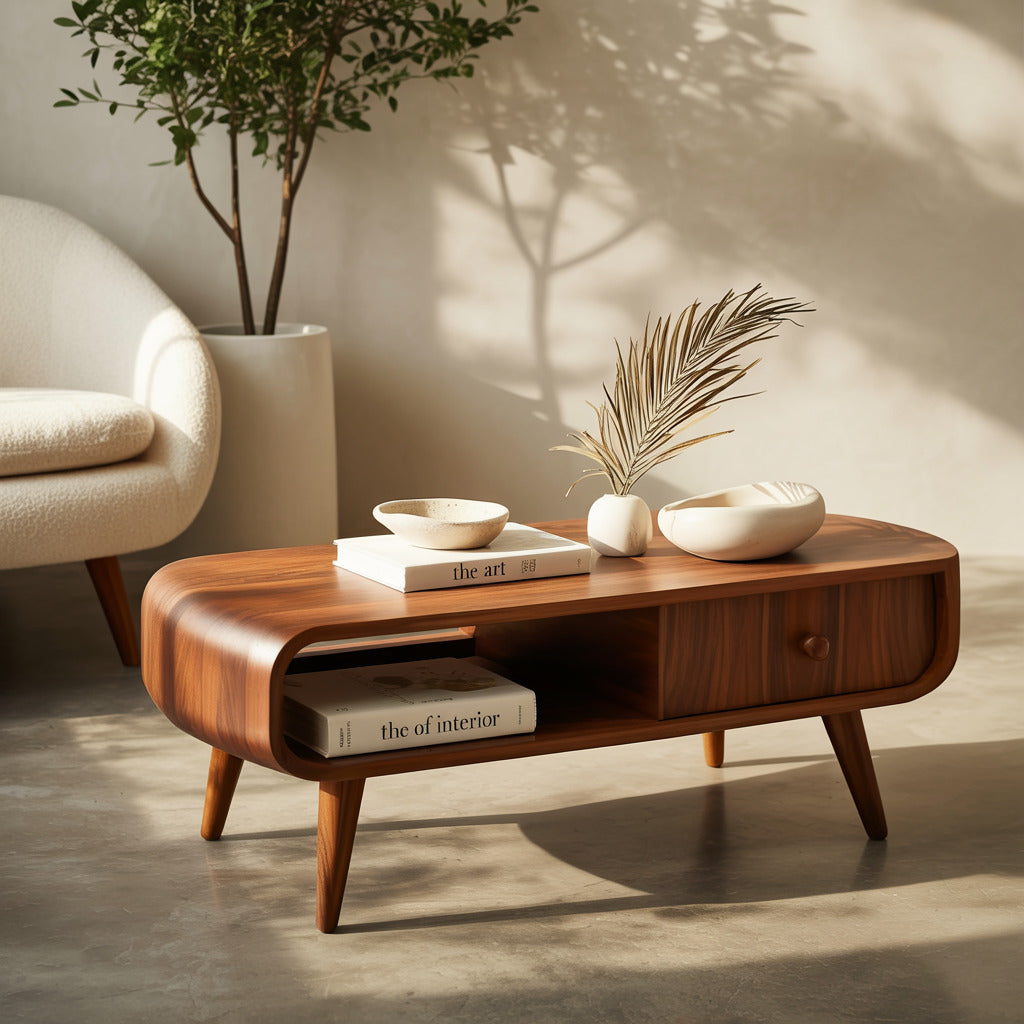 Mid-century modern solid wood coffee table in a Christmas living room