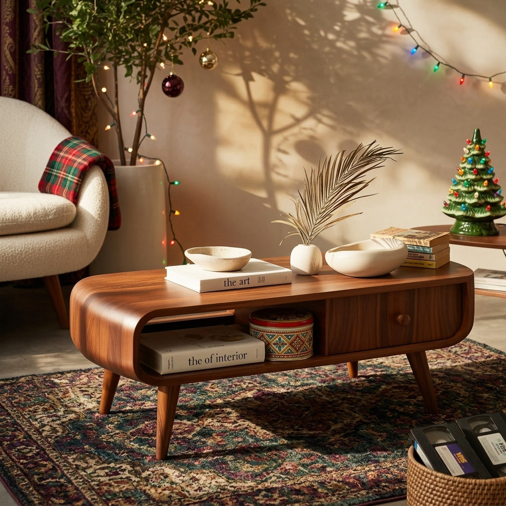 Contemporary solid wood coffee table styled for festive living room decor