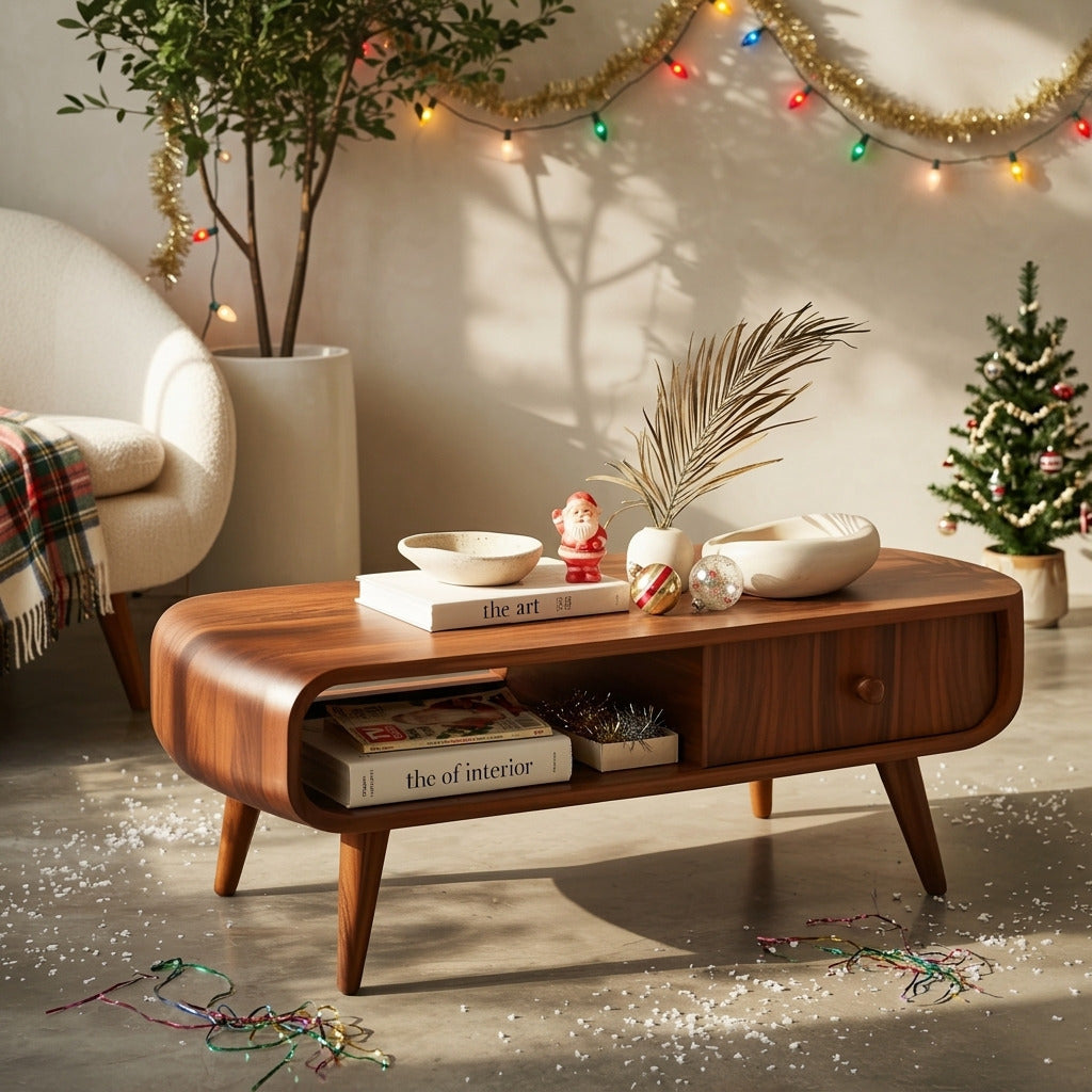 Elegant wooden coffee table in a warm Christmas interior