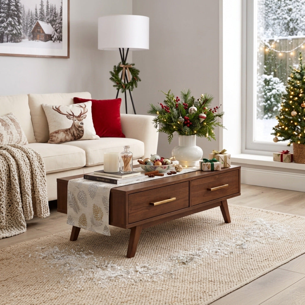 Mid-century modern solid wood coffee table in a Christmas living room