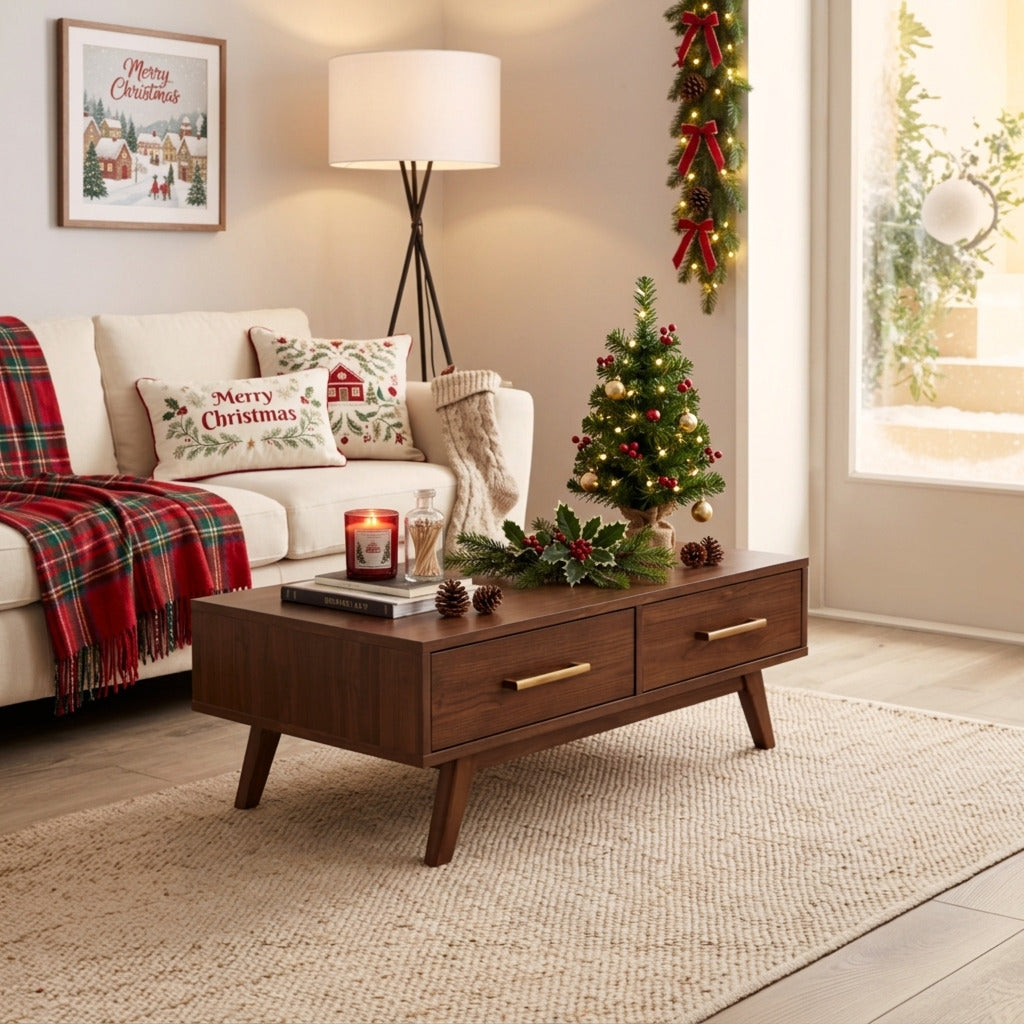 Contemporary solid wood coffee table styled for festive living room decor