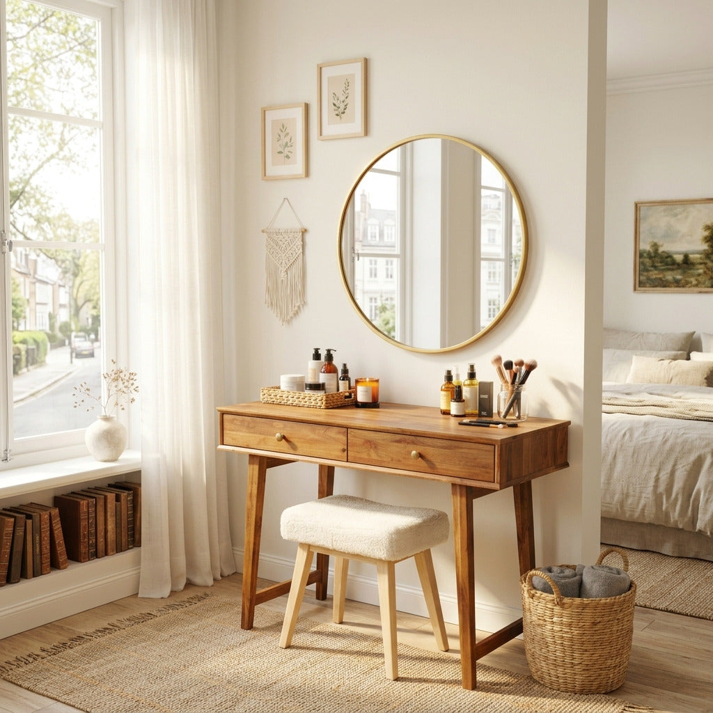 Mid-century solid wood vanity desk in a contemporary interior