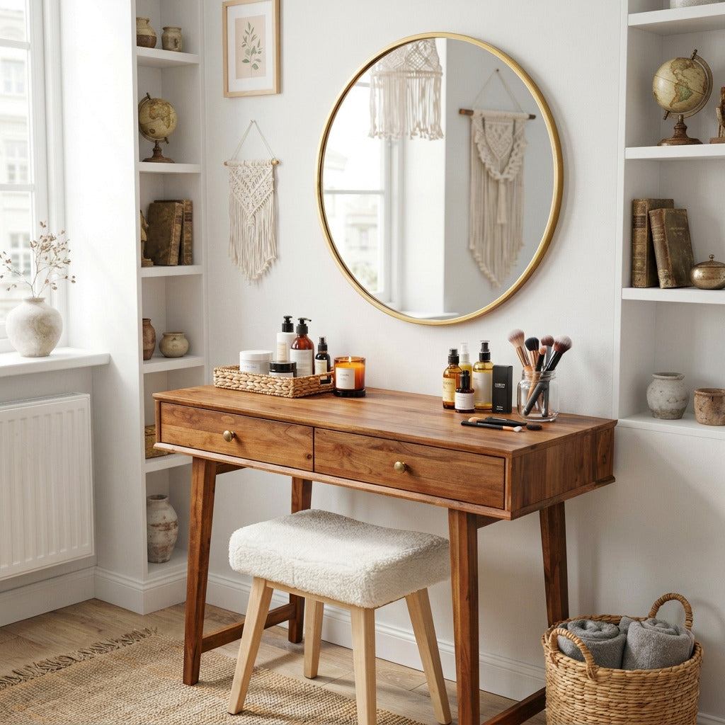 Modern solid wood vanity desk with two drawers in a minimalist home
