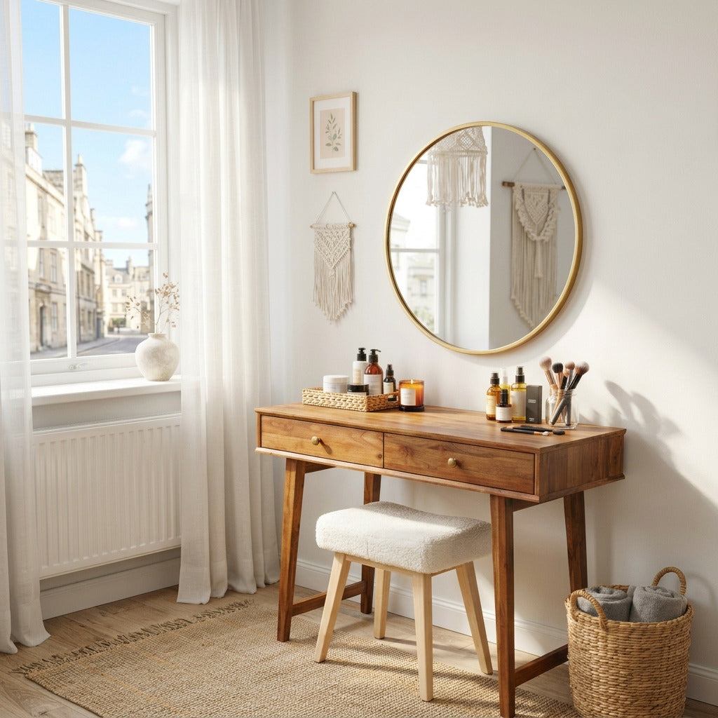 Mid-century wooden vanity desk with splayed legs in a stylish interior