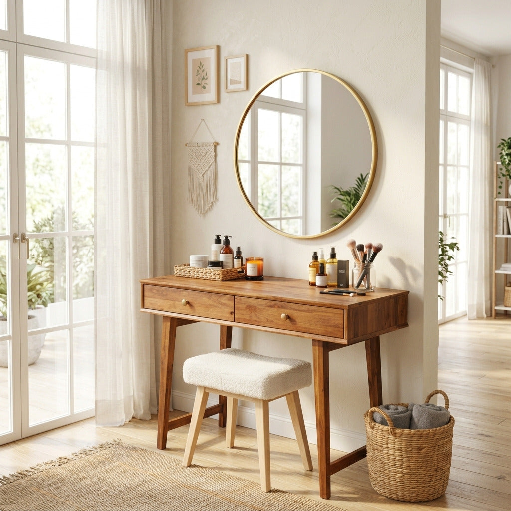 Contemporary solid wood vanity desk styled in a modern space