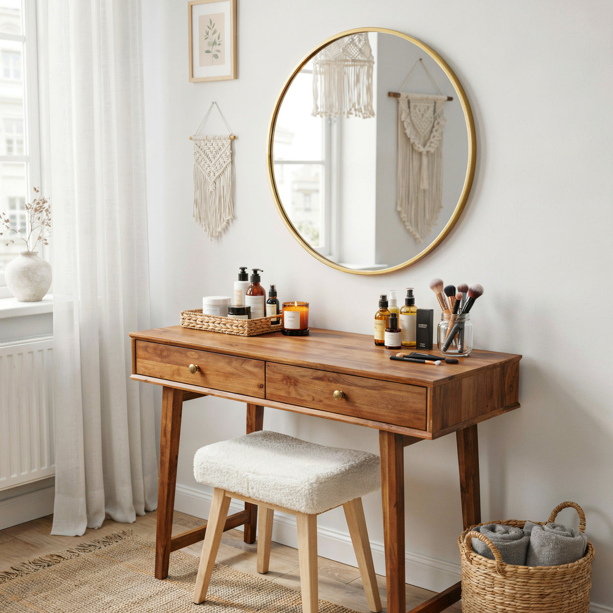 Mid-century wooden vanity desk crafted from solid wood