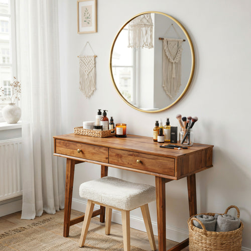 Mid-Century Solid Wood Vanity Desk with 2 Drawers & Splayed Legs