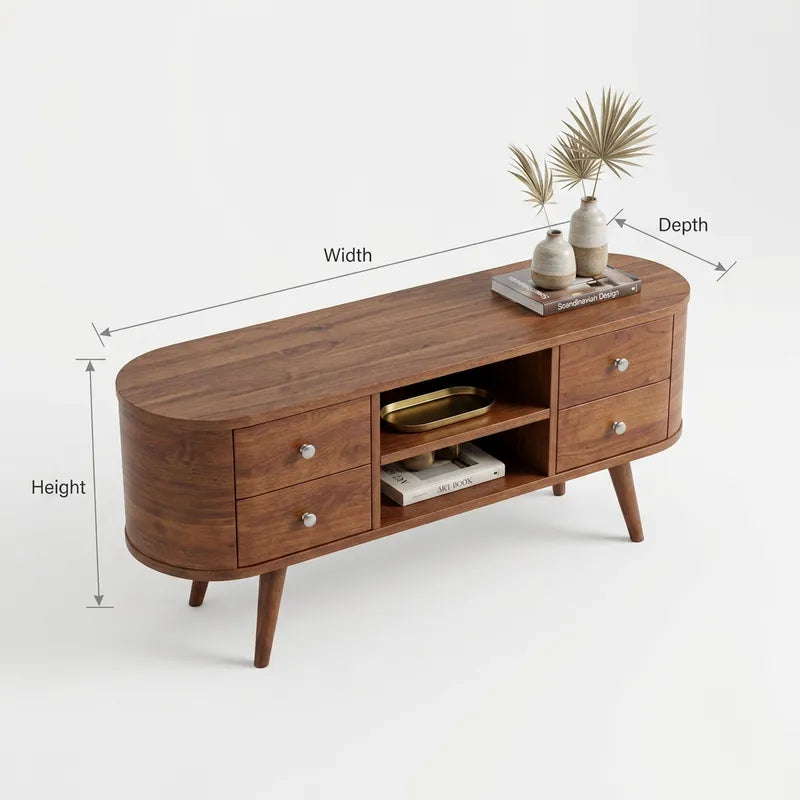 Mid-Century Handcrafted Curved Solid Wood TV Stand & Oval Media Entertainment Console