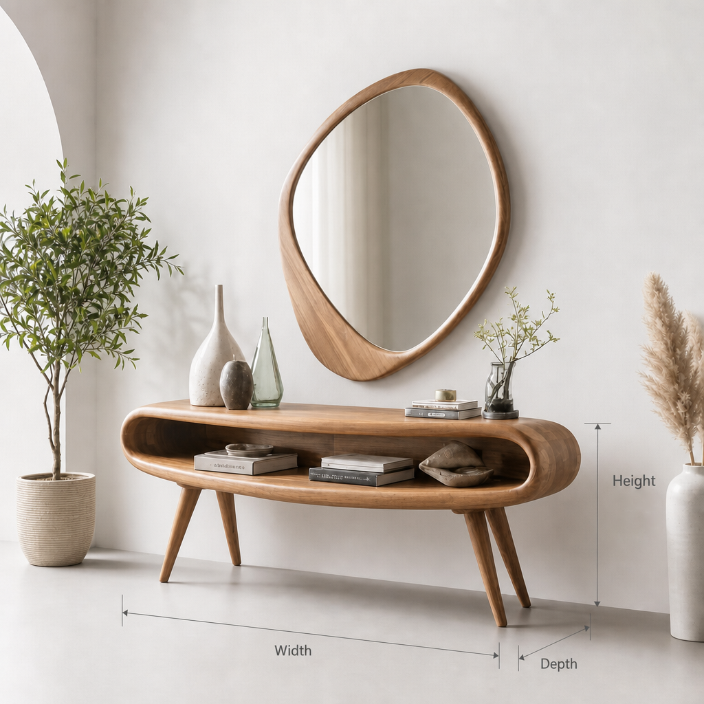 Mid-Century Modern Console Table with Mirror – Solid Wood Entryway Table