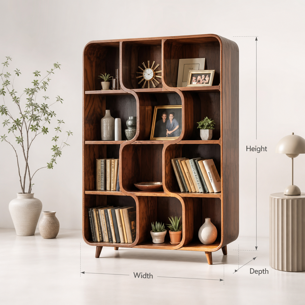Mid-Century Solid Wood Bookshelves - Organic Modern Curved Display Shelf
