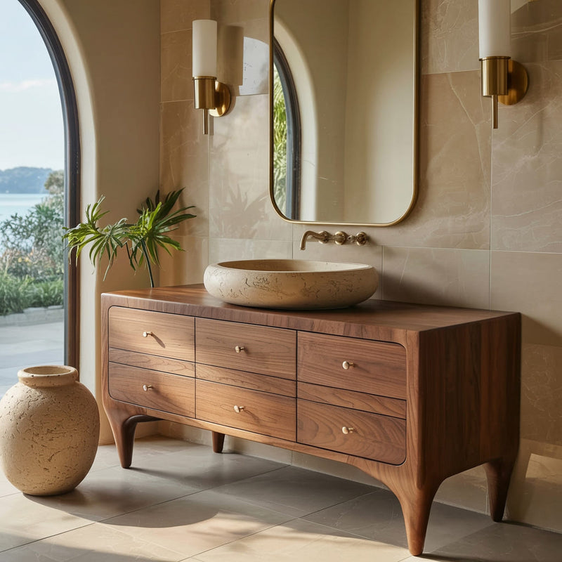 Sculptural hand-carved bathroom vanity crafted from solid wood with concentric circle detailing