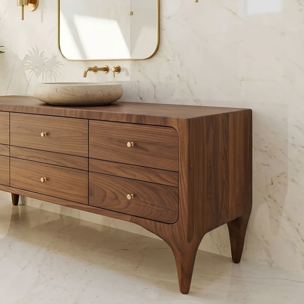 Hand-carved floating bathroom vanity in solid wood with layered concentric circle details