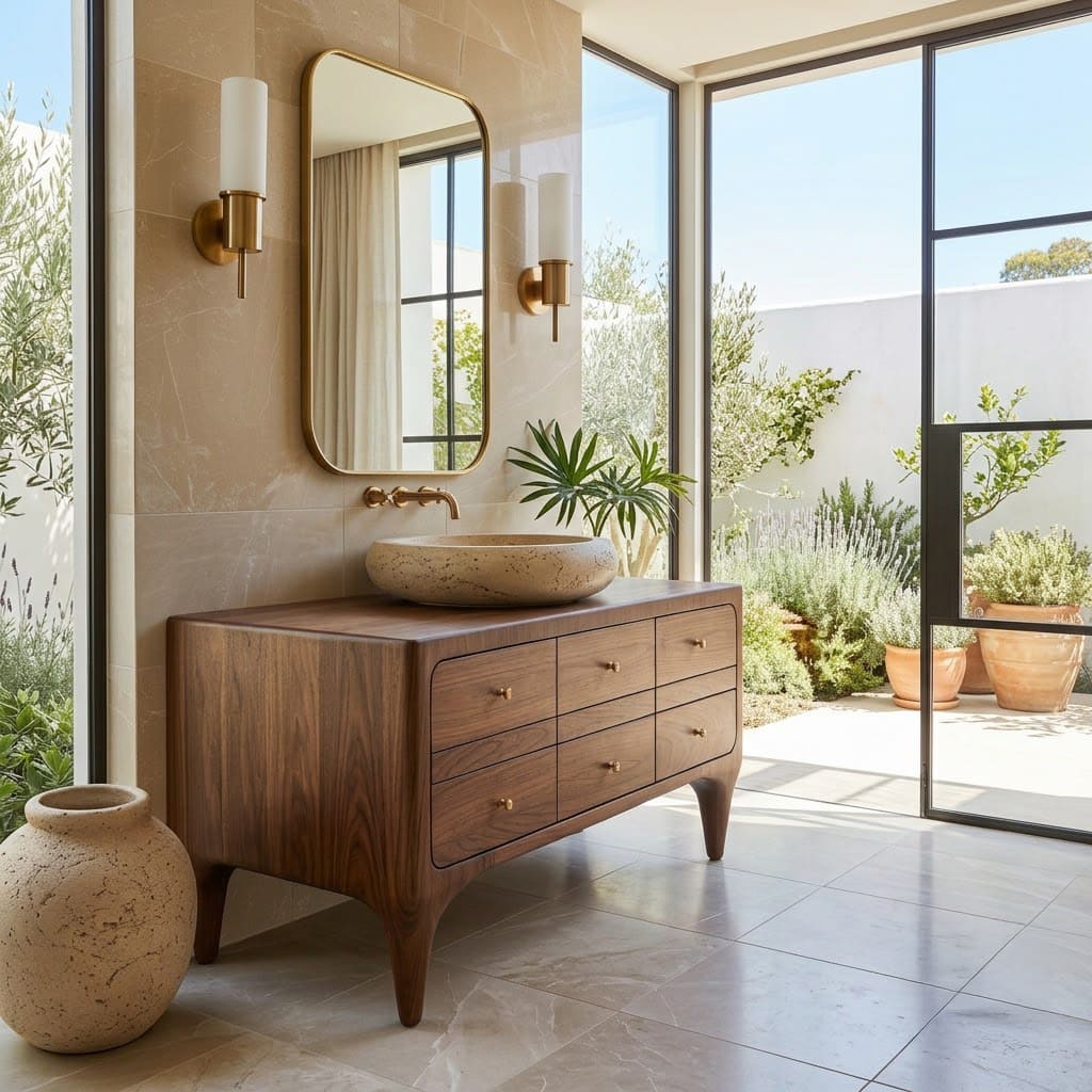 Sculptural hand-carved solid wood floating bathroom vanity with concentric circle detailing for modern bathrooms