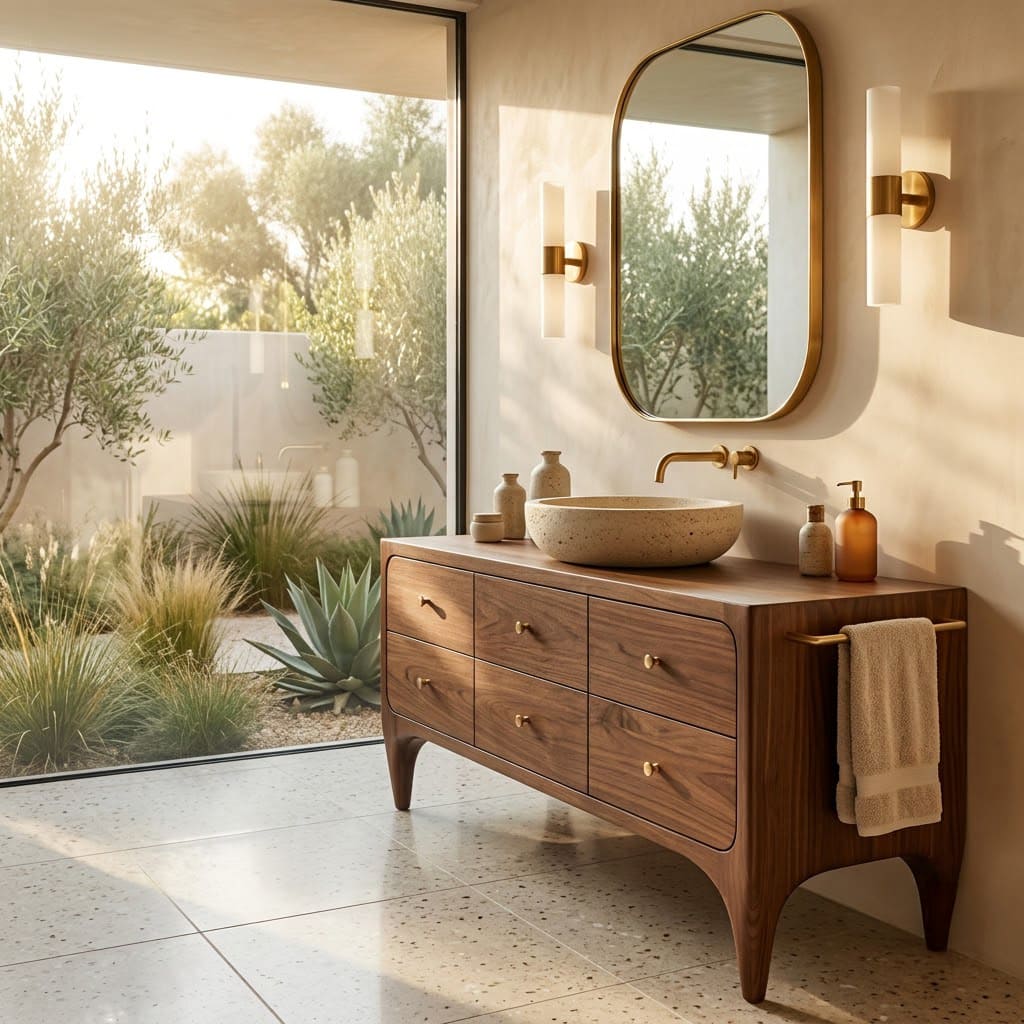 Hand-carved solid wood floating vanity with concentric circular patterns for contemporary bathroom interiors