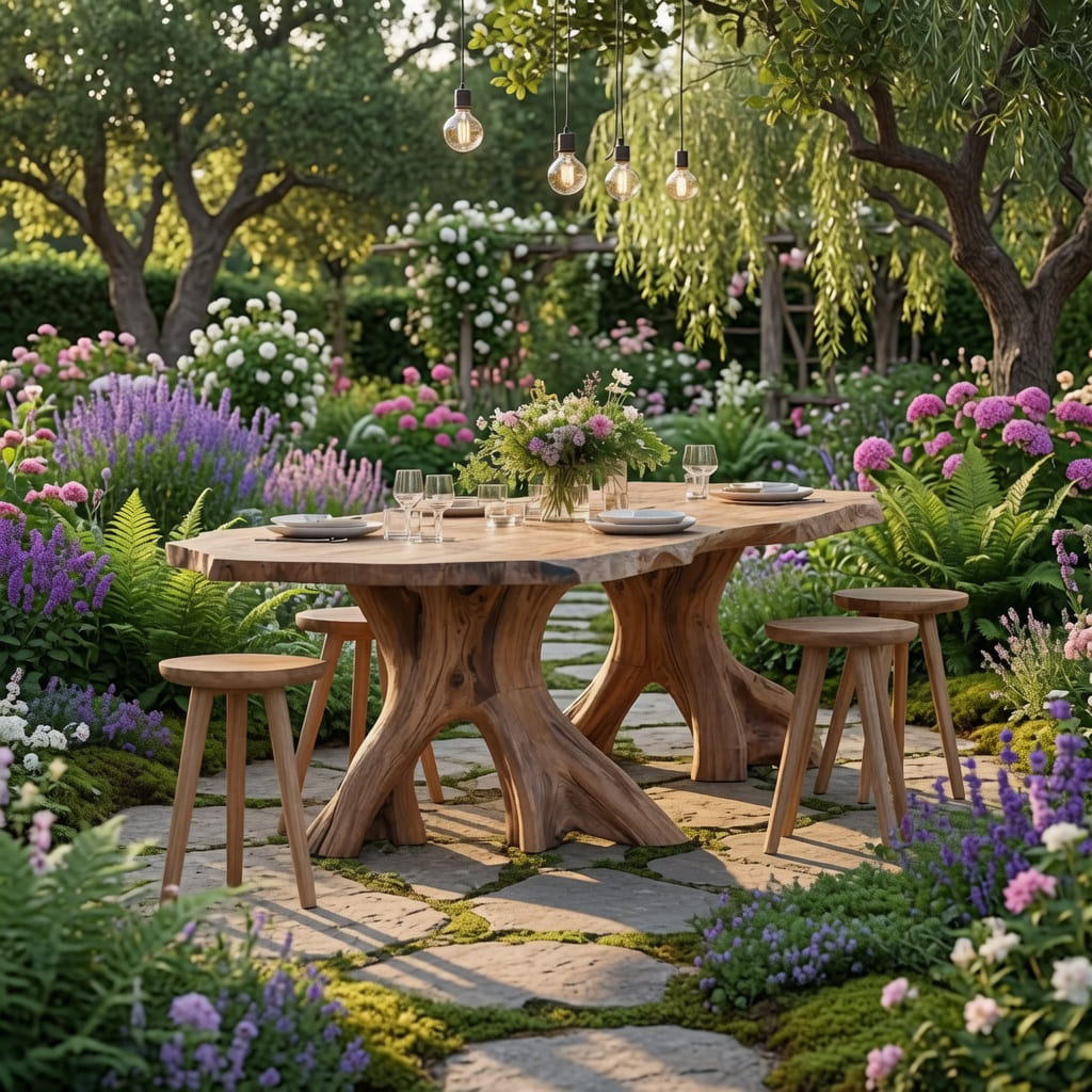 Mid-century wood dining table styled in an elegant garden dining setting