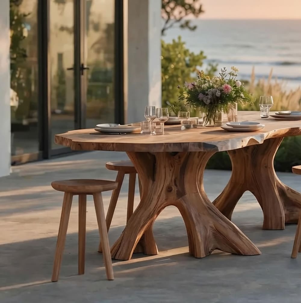 Solid wood outdoor dining table featuring timeless mid-century design and natural craftsmanship