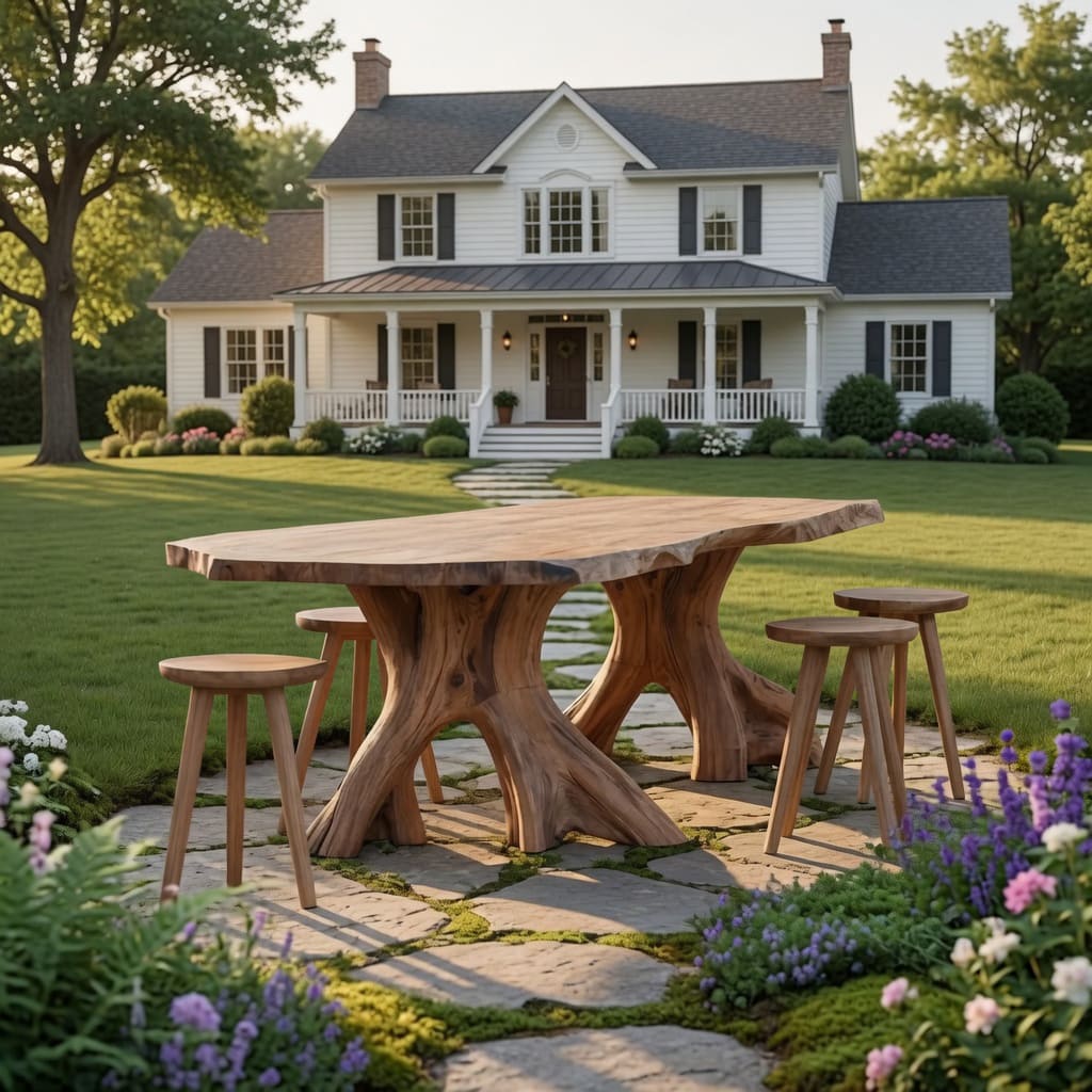 Solid wood outdoor dining table displayed beside a pool in a contemporary backyard